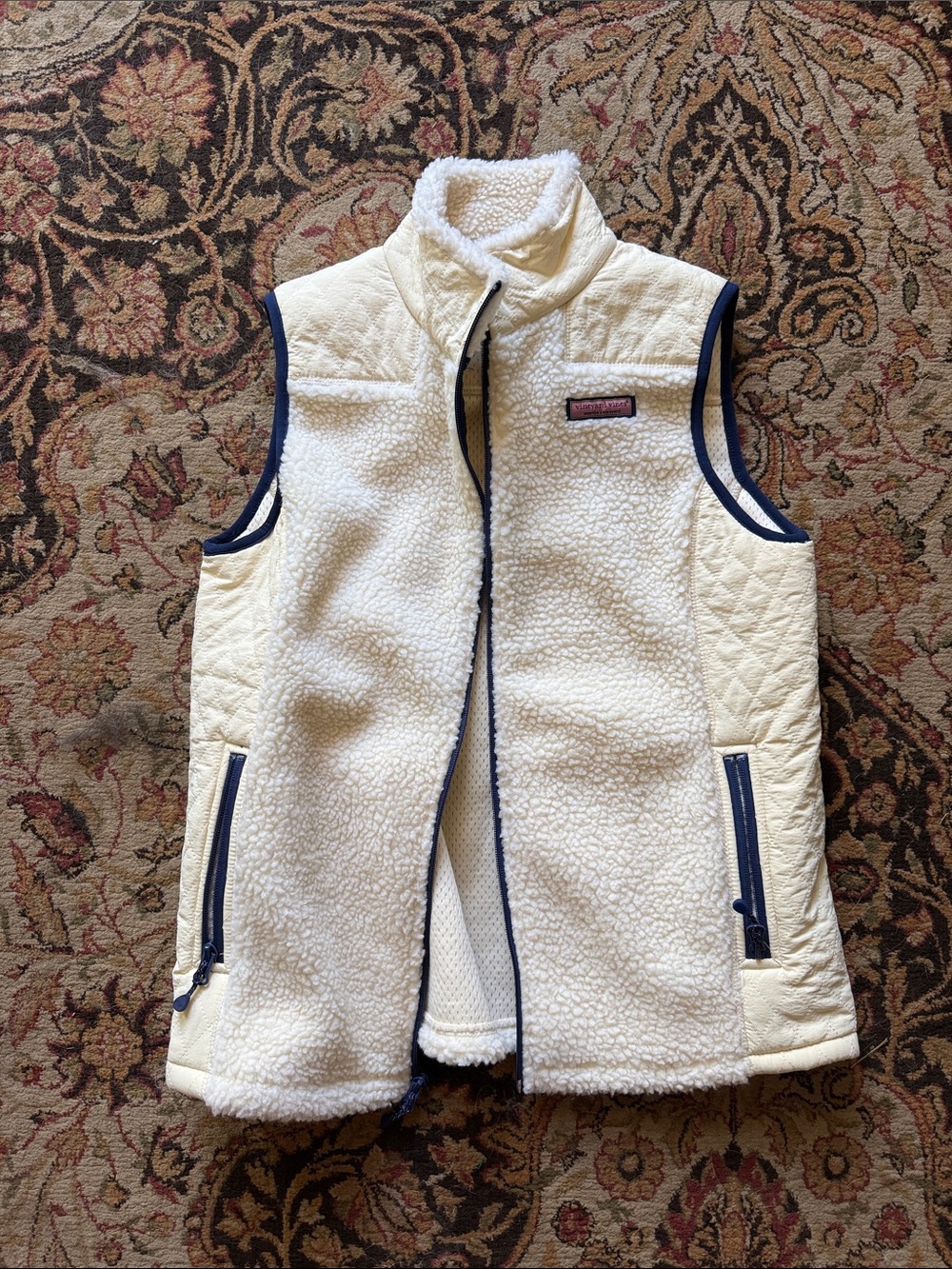 Vineyard Vines Cream Sherpa Vest with Navy Trim